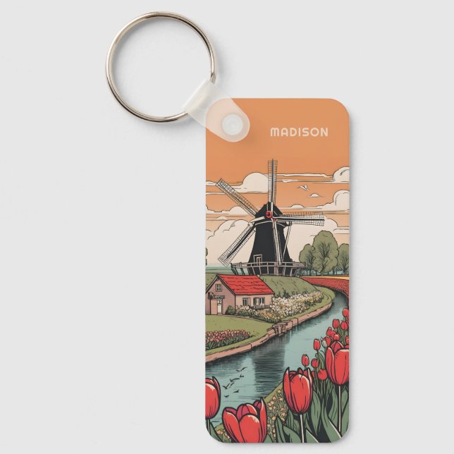 Custom Name & Text Netherlands Windmills Key Ring (Front)