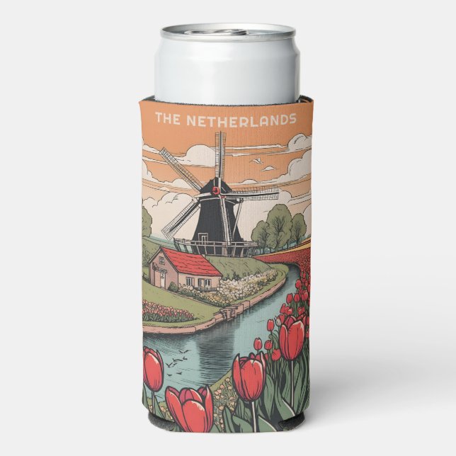 Custom Name & Text Netherlands Windmills Seltzer Can Cooler (Seltzer Back)