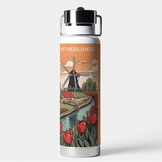 Custom Name & Text Netherlands Windmills Water Bottle (Back)