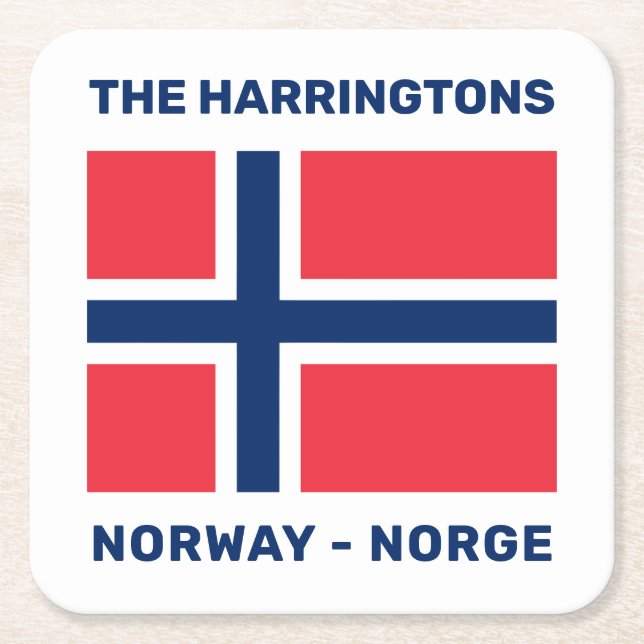 Custom Name & Text Norwegian Flag Square Paper Coaster (Front)