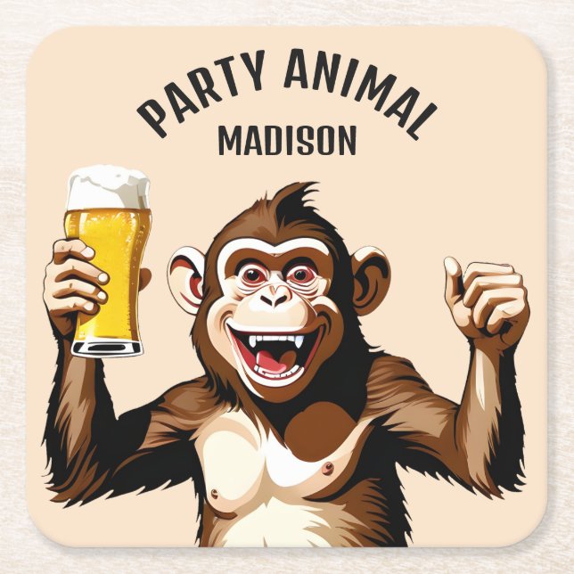 Custom Name & Text Party Animal Square Paper Coaster (Front)