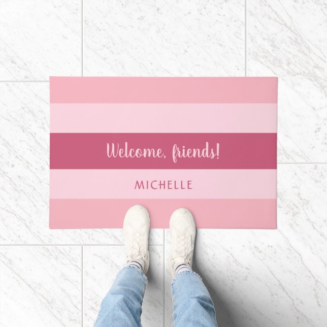 Custom Name & Text Pink Stripes Doormat (Indoor)