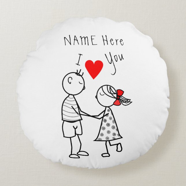 Custom Name Text Round Pillow with Couple Love (Front)