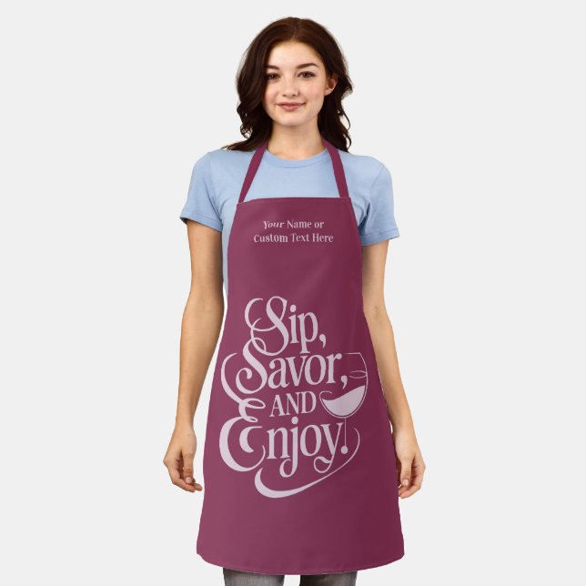 Custom Name / Text Sip, Savour, Enjoy Apron (Worn)