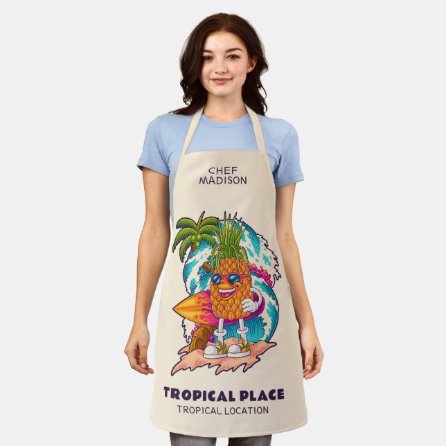 Custom Name & Text Surfing Pineapple Apron (Worn)