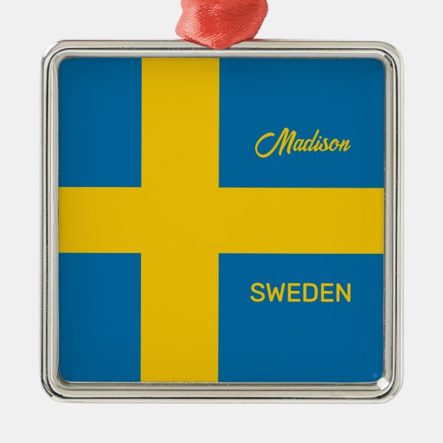 Custom Name & Text Swedish Flag Metal Ornament (Front)