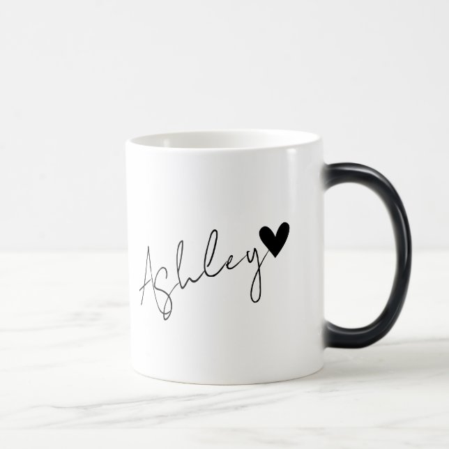 Custom Name Text Tiny Black Heart Simple Ashley Magic Mug (Right)