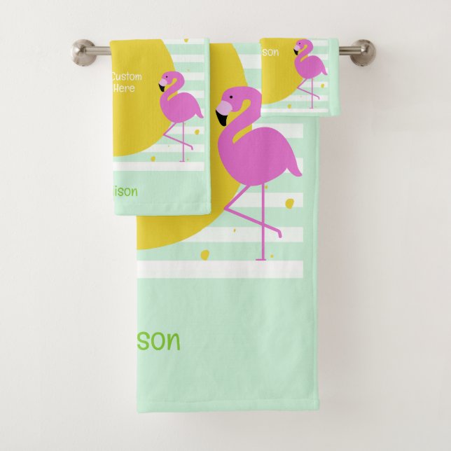 Custom Name & Text Tropical Flamingos Bath Towel Set (Insitu)