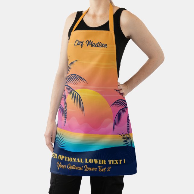 Custom Name & Text Tropical Island Sunset Apron (Insitu)