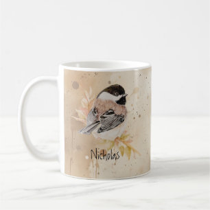 Custom Name Text Watercolor Chickadee Bird Coffee Mug