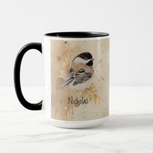 Custom Name Text Watercolor Chickadee Bird Mug