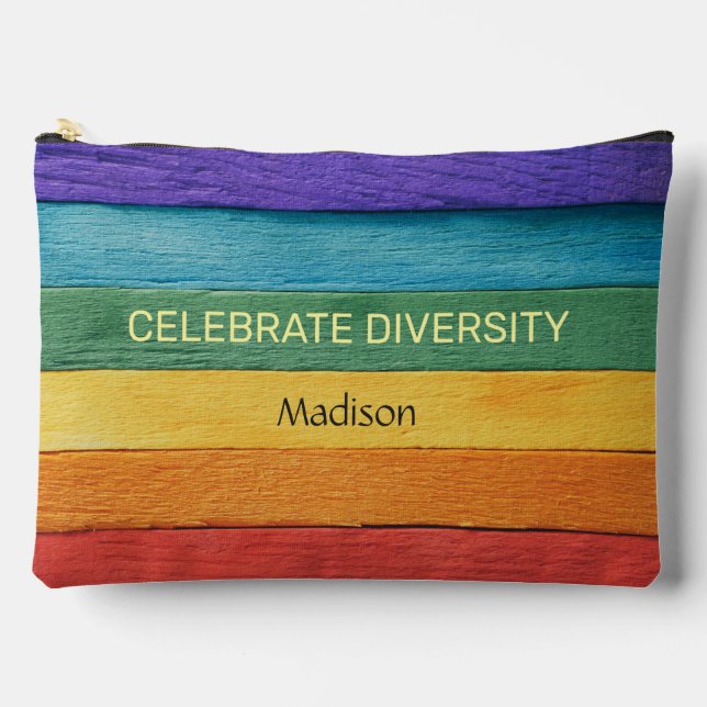 Custom Name & Text Wood-Textured Rainbow Flag Accessory Pouch (Front)