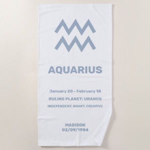 Custom Name / Text Zodiac Sign Aquarius Beach Towel