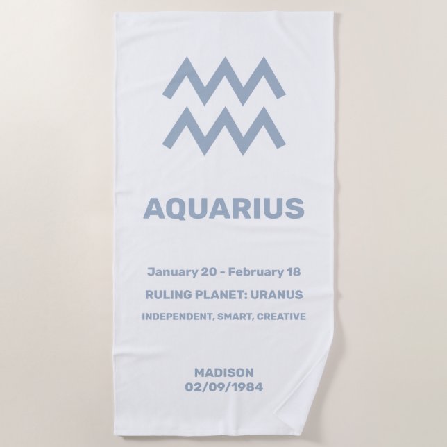 Custom Name / Text Zodiac Sign Aquarius Beach Towel (Front)