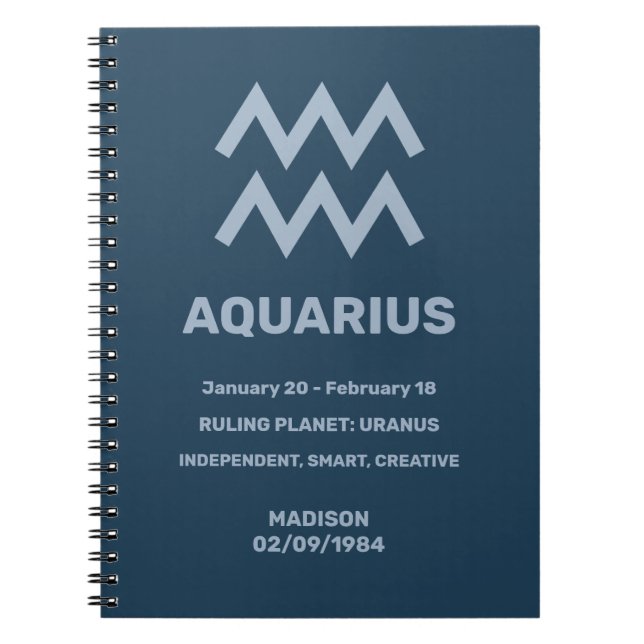 Custom Name / Text Zodiac Sign Aquarius Notebook (Front)