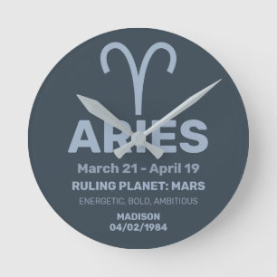Custom Name / Text Zodiac Sign Aries Round Clock