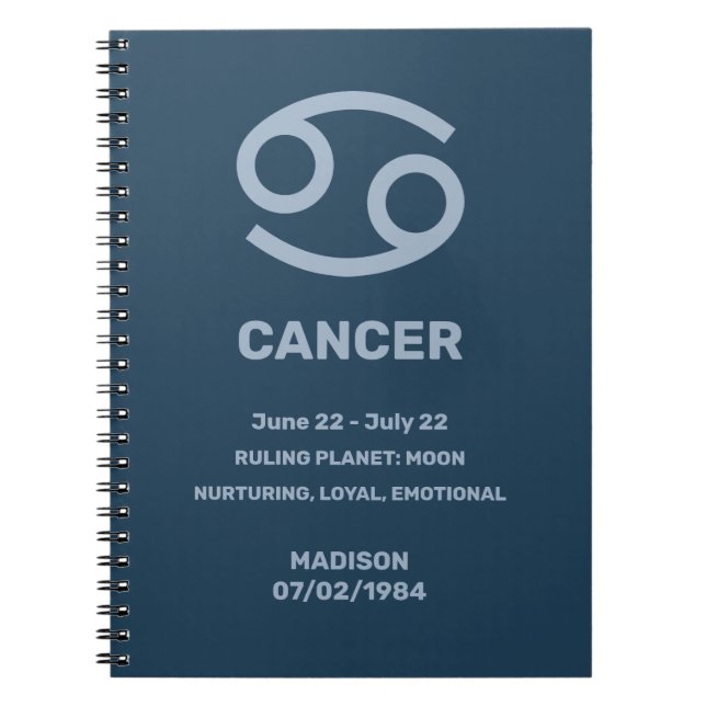 Custom Name / Text Zodiac Sign Cancer Notebook (Front)
