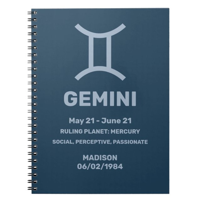 Custom Name / Text Zodiac Sign Gemini Notebook (Front)