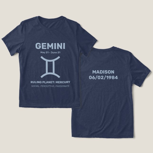 Custom Name / Text Zodiac Sign Gemini Tri-Blend Shirt (Design Front & Back)