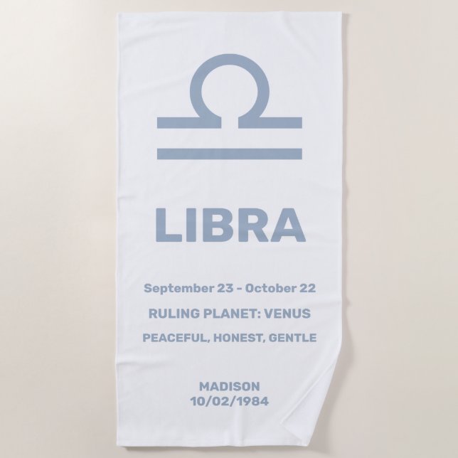 Custom Name / Text Zodiac Sign Libra Beach Towel (Front)