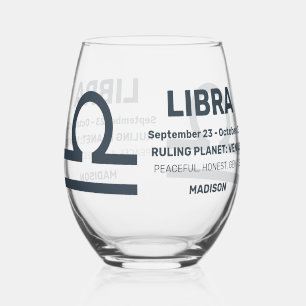 Custom Name / Text Zodiac Sign Libra Stemless Wine Glass