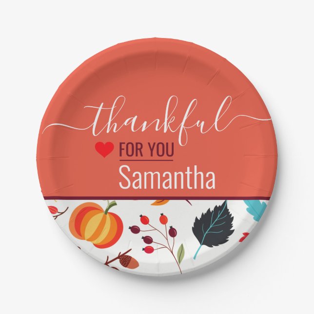 Custom Name Thankful for You Thanksgiving Paper Plate (Front)