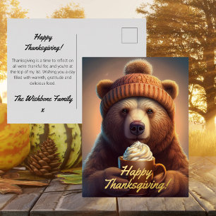 Custom Name Thanksgiving Autumn pumpkin spice bear Foil Holiday Postcard