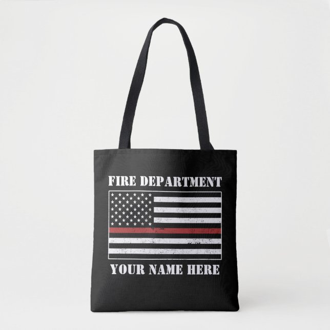 Custom Name Thin Red Line Flag Proud Firefighter Tote Bag (Front)