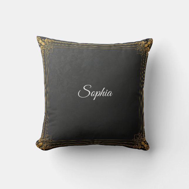 Custom Name Throw Pillow – Elegant Black & Gold Pe (Front)