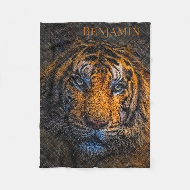 Custom Name Tiger Face Fleece Blanket (Front)