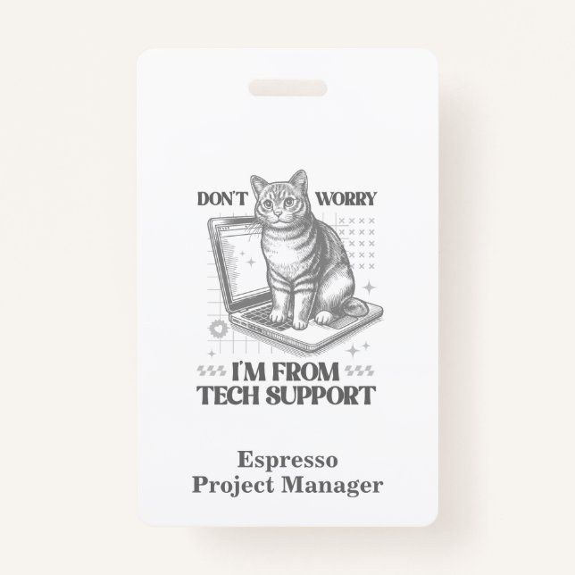 Custom Name & Title Cat Tech Support Work Badge ID Badge (Front)