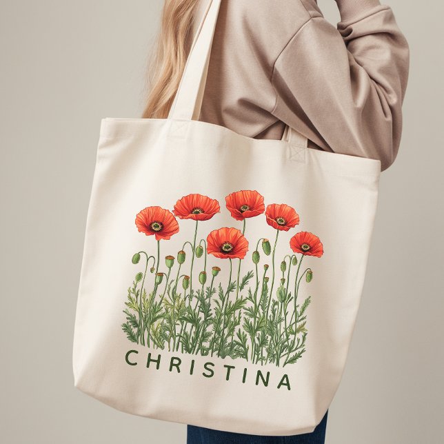 Custom Name Tote Bag Floral Gift for Her Mum Bride (Custom Name Tote Bag Floral Gift for Her, Custom Poppy floral Tote Wedding Gift  for Bridesmaids)