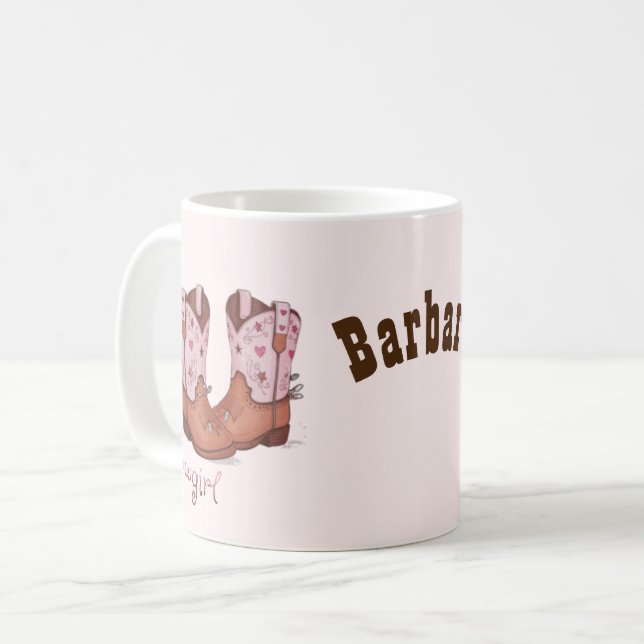 Custom Name Trendy Cute CowGirl Boots Pink Brown Coffee Mug (Front Left)