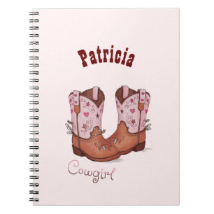 Custom Name Trendy Cute CowGirl Boots Pink Brown Notebook