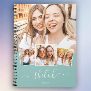 Custom Name Trendy Modern Script 4 Photo Collage Notebook