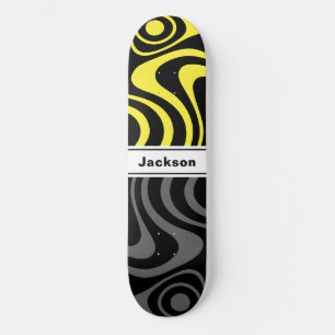 Custom Name Trippy Wavy 70s Retro Yellow Grey Skateboard