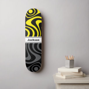 Custom Name Trippy Wavy Yellow Grey Cool Design Skateboard