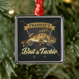 Custom NAME Trophy Fishing Angler Bait Tackle Shop Metal Ornament