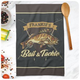 Custom NAME Trophy Fishing Angler Bait Tackle Shop Tea Towel