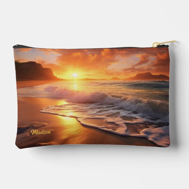Custom Name Tropical Beach Sunset Accessory Pouch (Back)