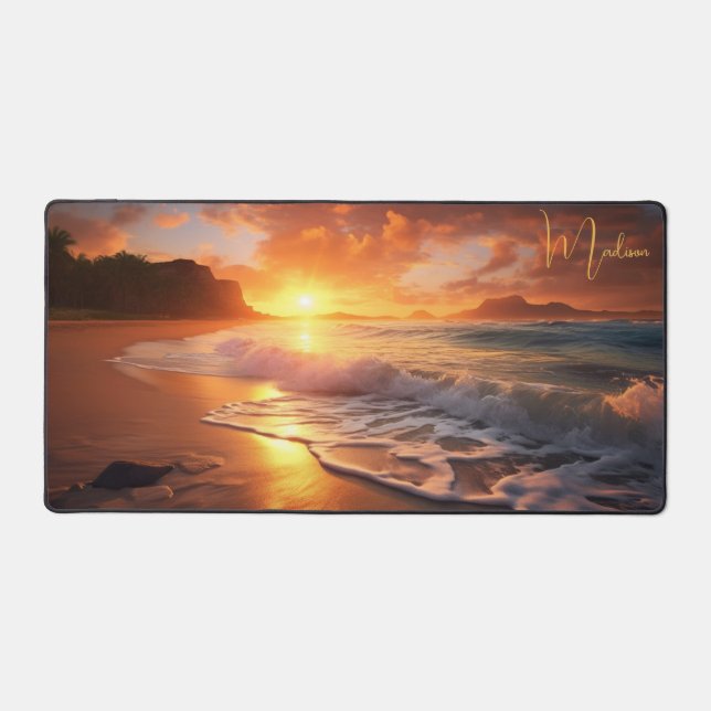 Custom Name Tropical Beach Sunset Desk Mat (Front)