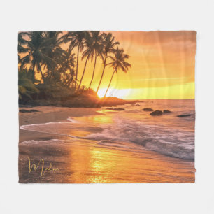 Custom Name Tropical Beach Sunset Fleece Blanket