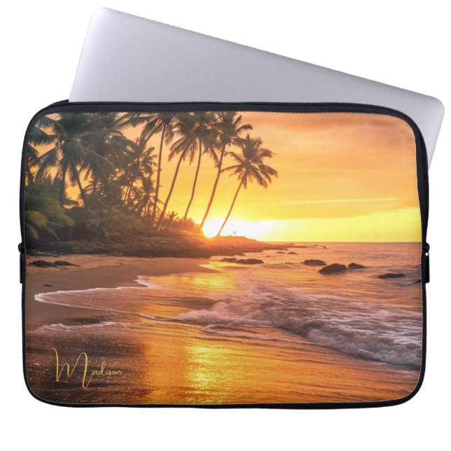 Custom Name Tropical Beach Sunset Laptop Sleeve (Front)