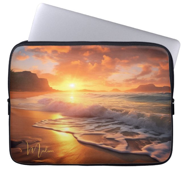 Custom Name Tropical Beach Sunset Laptop Sleeve (Front)