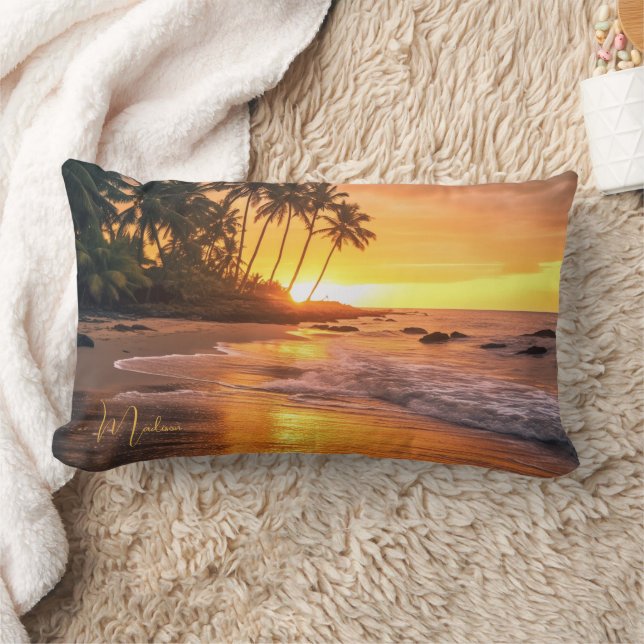 Custom Name Tropical Beach Sunset Lumbar Cushion (Blanket)