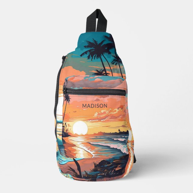 Custom Name Tropical Beach Sunset Sling Bag (Front)