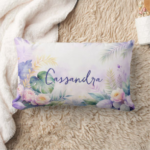 Custom Name Tropical Flowers Lumbar Cushion