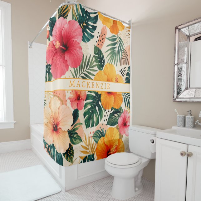 Custom Name Tropical Hibiscus Floral Pattern Shower Curtain (In Situ)
