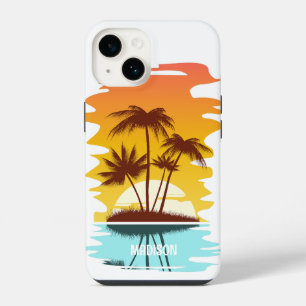 Custom Name Tropical Island Sunset iPhone 14 Case