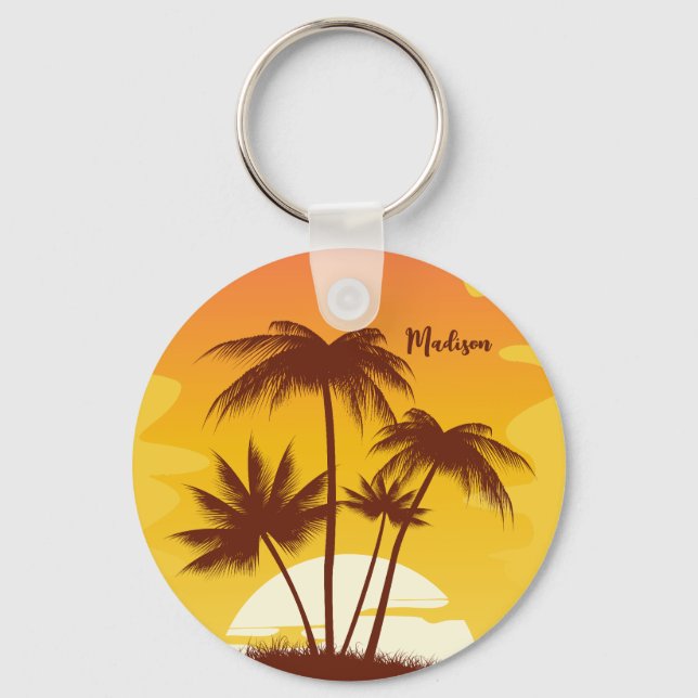 Custom Name Tropical Island Sunset Key Ring (Front)